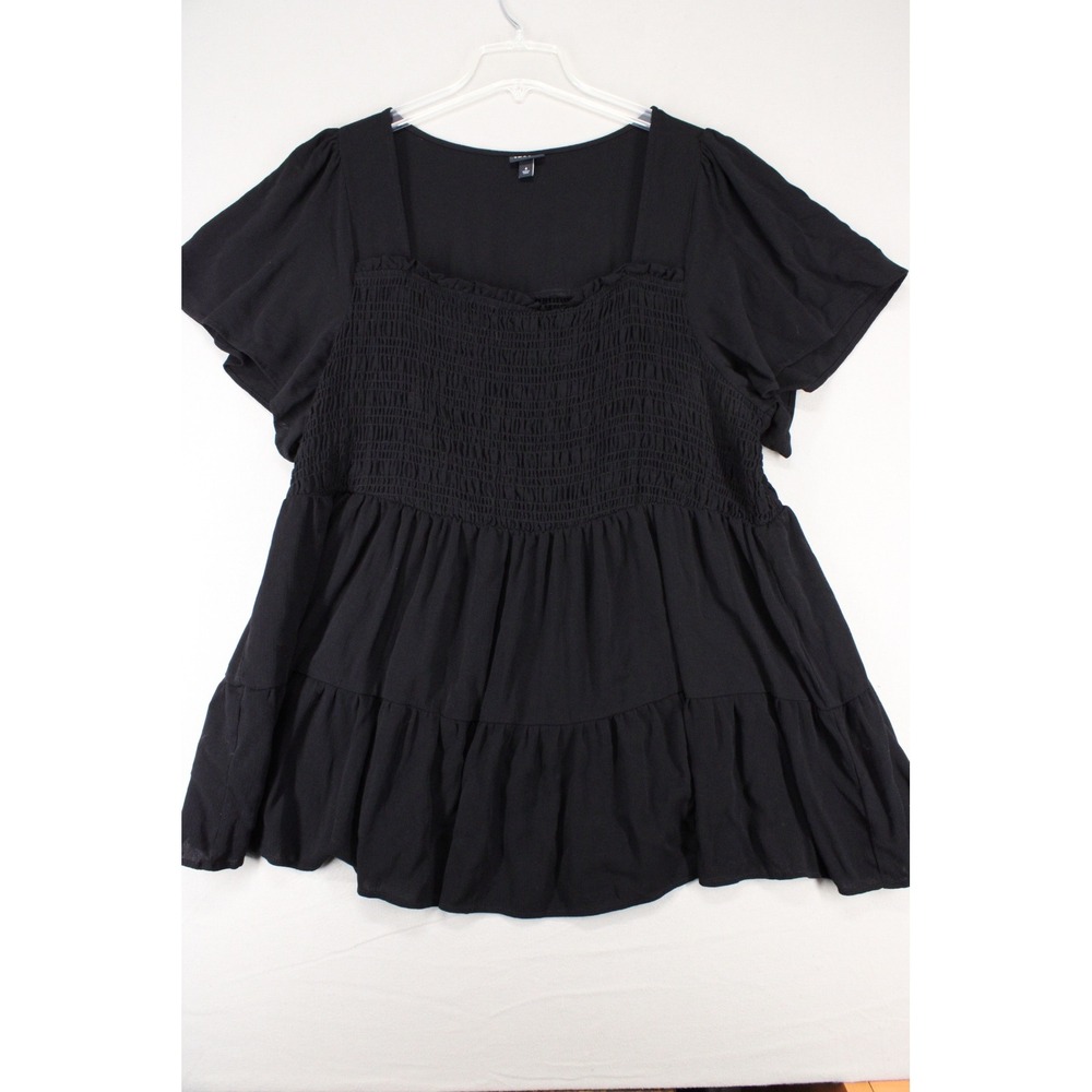 Torrid Babydoll Top Women 4 Black Smocked Tiered Peplum Boho Blouse